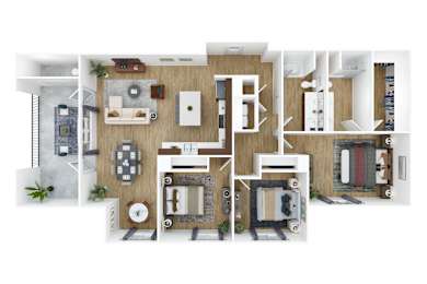 A 3D floor plan of a house with various rooms and furniture.