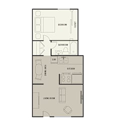 A floor plan of a house with a bedroom, bathroom, kitchen, dining area, and living room.