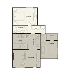 A floor plan of a house with a living room, dining room, kitchen, two bedrooms, a bathroom, and a closet.