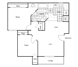 Floor Plan Shasta 2 bedroom 1 bath at Sixteen60 Apartment Homes, San Bernardino