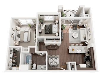 3D Rendered Floor Plan of Turtle Creek 2 Bedroom 1 Bathroom Apartment Home