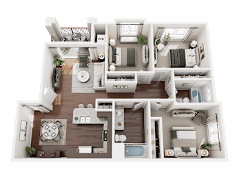 3D Rendered Floor Plan of Turtle Creek 3 Bedroom 2 Bathroom Apartment Homes