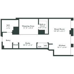 a floor plan of a house with green walls and a staircase leading up to the second floor