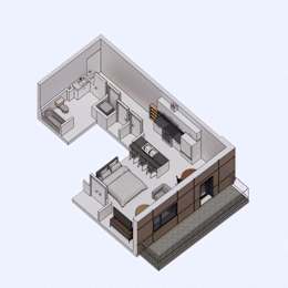 A 3D isometric view of a house layout with a kitchen, living room, and bedrooms.