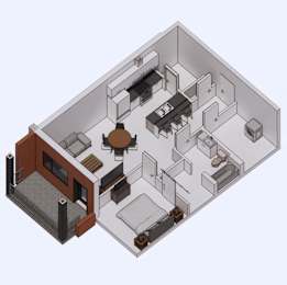A 3D floor plan of a house with a kitchen, living room, and two bedrooms.