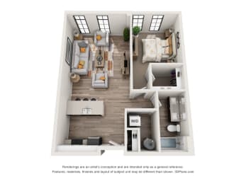 1 bed 1 bath floor plan C at 1400 Russell Apartments, Missouri