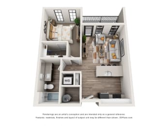 1 bed 1 bath floor plan D at 1400 Russell Apartments, Missouri, 63104