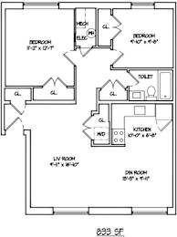 A floor plan of a 833 square feet home with two bedrooms, a living room, a kitchen, a dining room, and a bathroom.