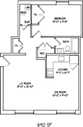 A floor plan of a 690 square foot home with a living room, dining room, kitchen, bedroom, and bathroom.