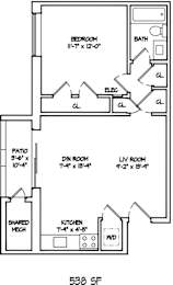 A floor plan of a 538 square foot home.
