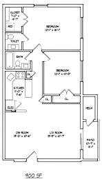 A floor plan of a 900 square feet home.