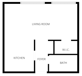 A floor plan of a small apartment with a living room, kitchen, bathroom, and a foyer.