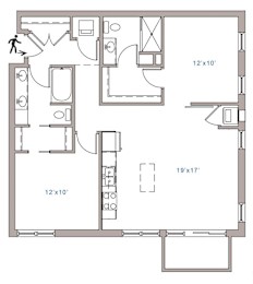 A floor plan of a house with a kitchen, living room, and bathroom.
