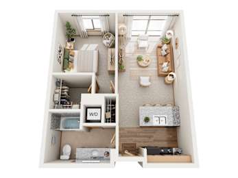 A top-down view of a small apartment with a kitchen, living room, and bathroom.