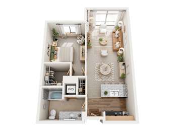 A top-down view of a small apartment with a kitchen, living room, and bathroom.