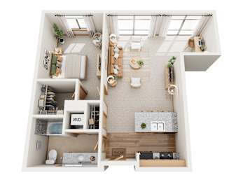 A top-down view of a small apartment with a kitchen, living room, and bathroom.