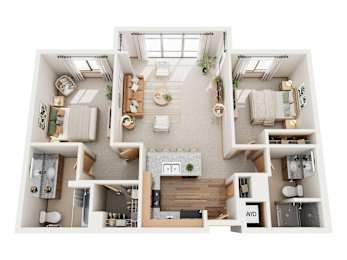 A top-down view of a small apartment with a kitchen, living room, and bedroom.