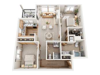 A top-down view of a small apartment layout with a living room, kitchen, and bathroom.