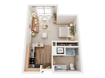 A floor plan of a small apartment with a living room, kitchen, and bathroom.