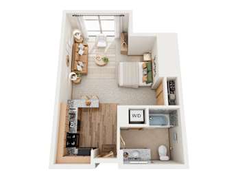 A top-down view of a small apartment with a living room, kitchen, and bathroom.