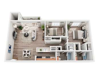 A top-down view of a small apartment with a kitchen, living room, and bathroom.