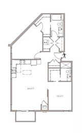 A floor plan of a house with two bedrooms and a living area.