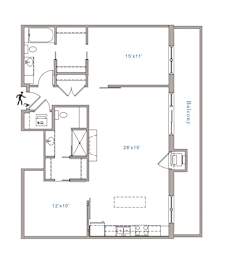 A floor plan of a house with a balcony on the side.