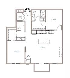 A floor plan of a house with a kitchen, living room, and two bedrooms.