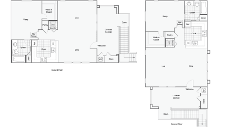 floor plans of the first and second floors  at Arrive at Rancho Belago, Moreno Valley, CA