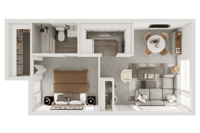 a 3d floor plan of a house with a bedroom and a living room at The Flats at Talcott, Weatogue, Connecticut, 06089
