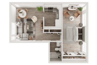 a 1 bedroom apartment is shown with a bedroom and a living room at The Flats at Talcott, Weatogue, Connecticut, 06089