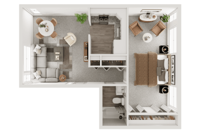 a 1 bedroom floor plan with a bathroom and a living room at The Flats at Talcott, Weatogue, Connecticut, 06089