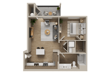 A 3D floor plan of a house showing a kitchen, living room, dining area, and bathroom.