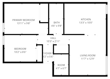A floor plan of a house with labeled rooms and their dimensions.