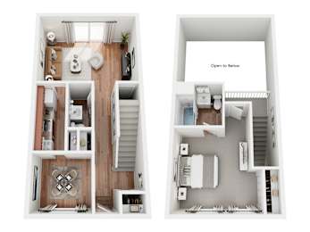 A floor plan of a two-bedroom apartment with a living room, kitchen, and bathroom.