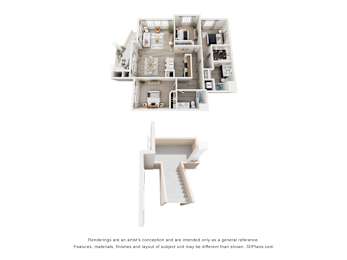 A 3D floor plan of a house with a staircase.