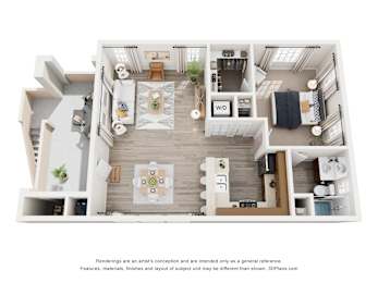 A 3D floor plan of a small apartment with a kitchen, living room, and bathroom.