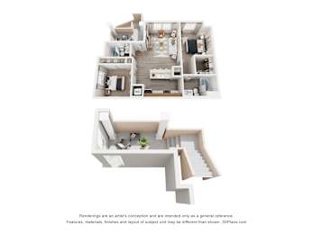 A 3D floor plan of a house with a staircase.