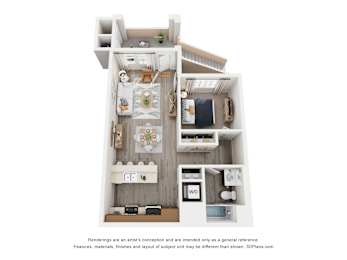 A 3D floor plan of a small apartment with a kitchen, living room, and bathroom.