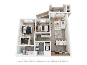 A 3D floor plan of a small apartment with a kitchen, living room, and bathroom.