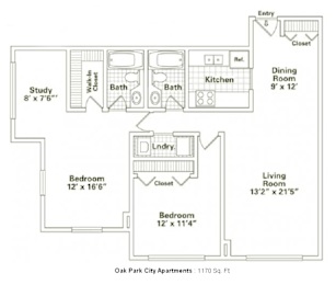 2 Bed 2 Bath Floorplan B at Oak Park City, Illinois, 60301