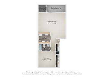 A floor plan of a small apartment with a living room, kitchen, bathroom and bedroom.