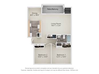 Floor plan for a 2 bedroom 1 bath