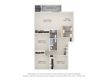 Floor plan for a 3 bedroom 2 bath