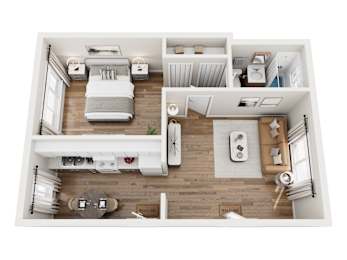 A top-down view of a modern, minimalist bedroom with a bed, a desk, a chair, and a small potted plant.