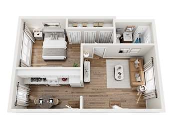 A top-down view of a small, neatly organized apartment with a bed, a couch, a dining table, and a kitchenette.