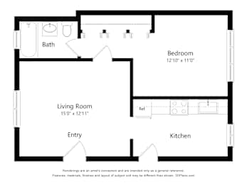 A floor plan of a small apartment with a living room, kitchen, bedroom and bathroom.