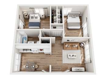 A top-down view of a small apartment with a bedroom, living room, and kitchen.