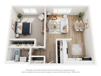 A top-down view of a modern, minimalist apartment with a kitchen, living room, and bedroom.