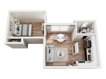 A top-down view of a small apartment with a bedroom, kitchen, and living room.